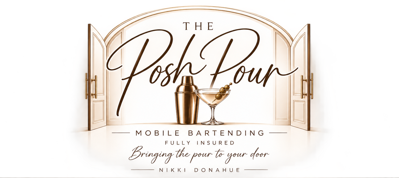 The Posh Pour approved main logo featuring elegant arch, cocktail shaker, and drink